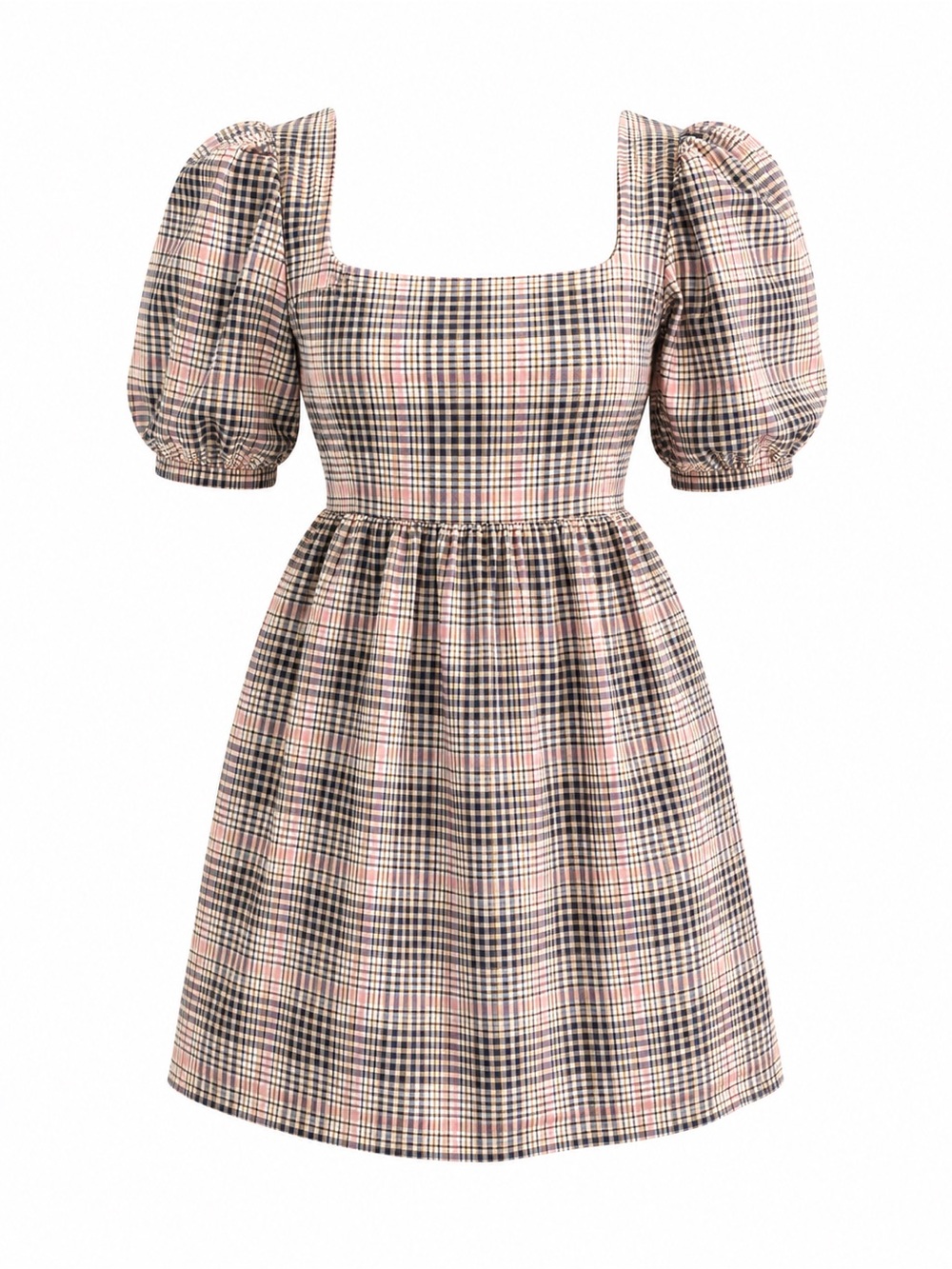 Organza Plaid Puff-Sleeve Mini Dress in Pink and Brown Mix